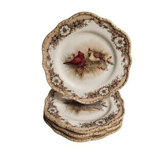Set if 4 Cracker Barrel 8" Salad Plates Red Cardinals Winter Christmas